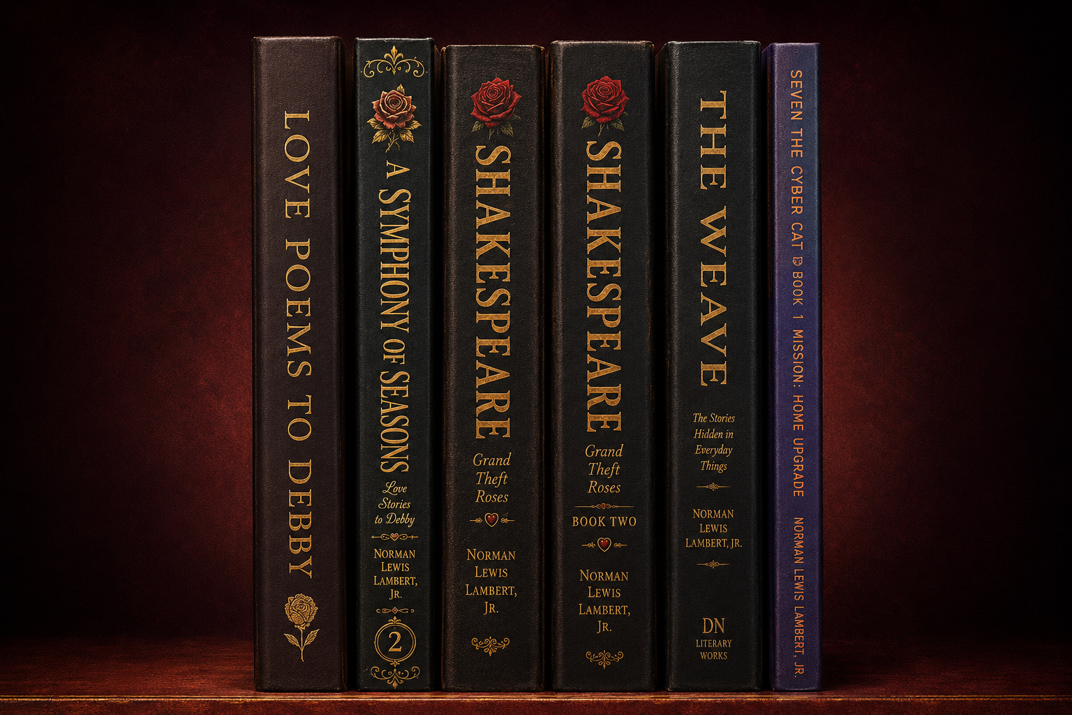 Illustrated book spines from the DN Literary Works catalog, including Shakespeare: Grand Theft Roses, Book Two
